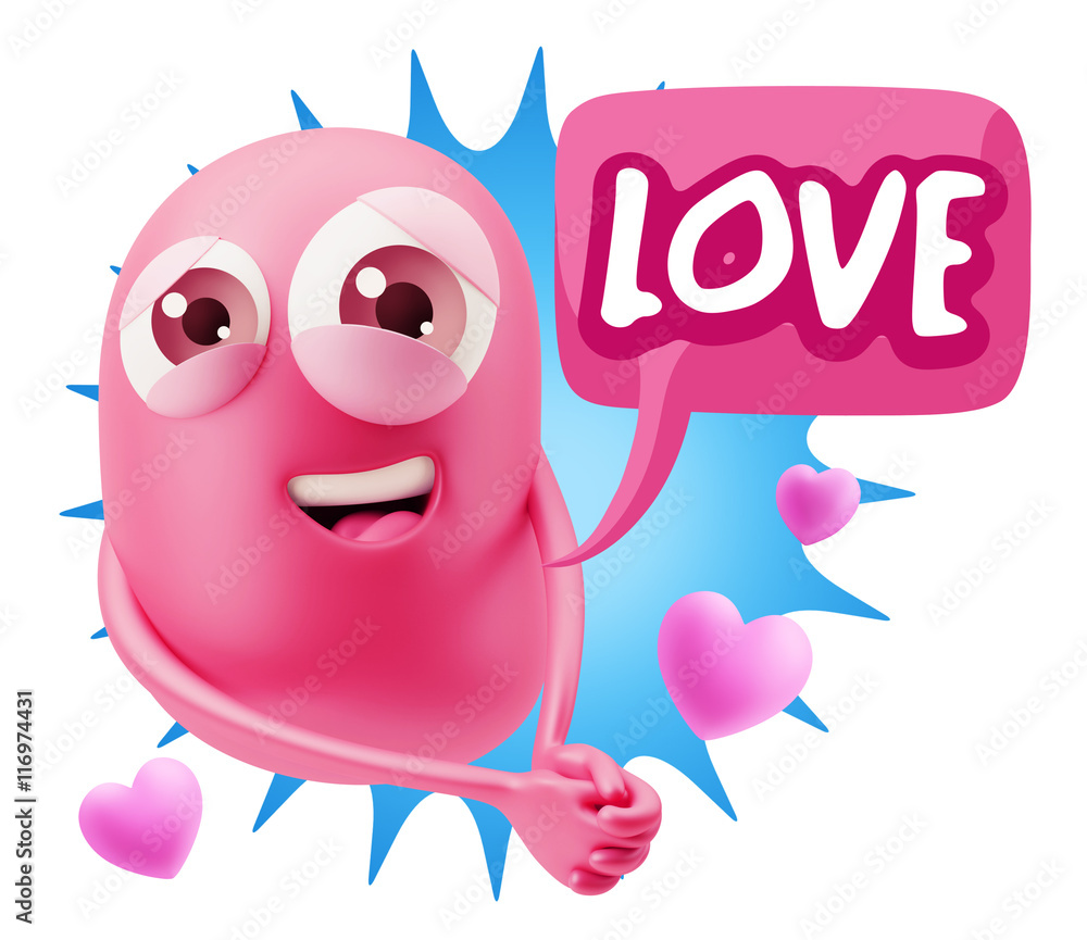3d Rendering. Emoji in love with hearts shapes saying Love with 3d Rendering. Emoji in love with hearts shapes saying Love with
