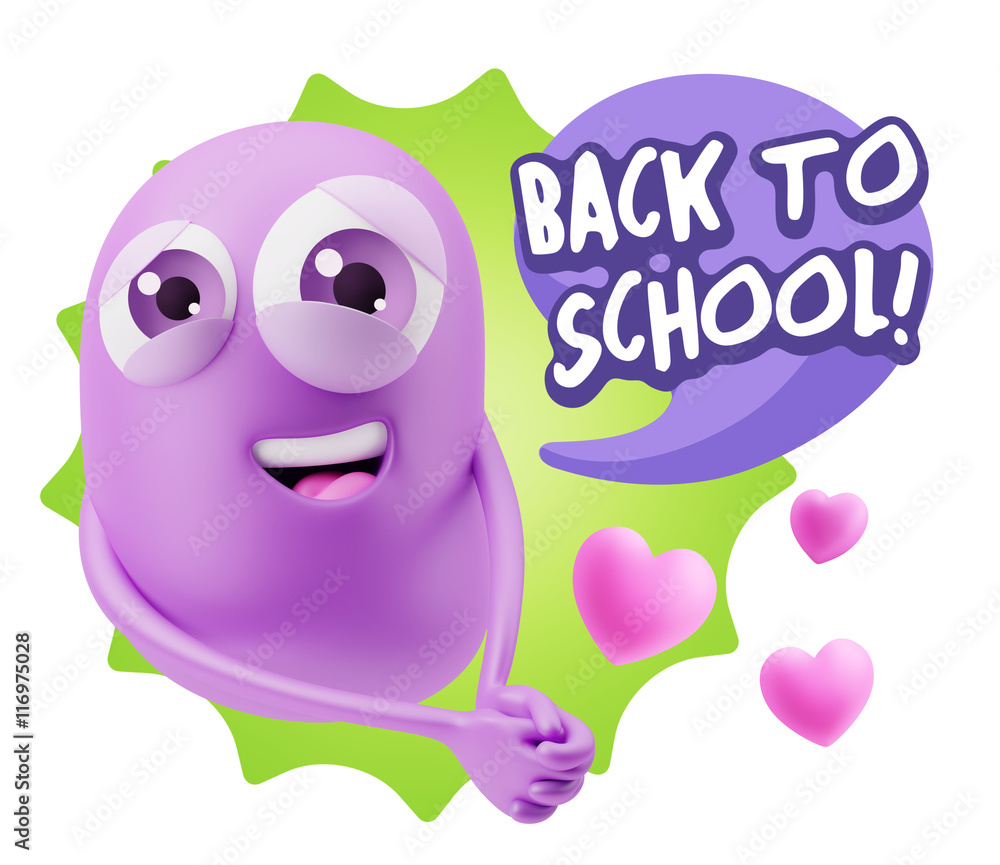3d Rendering. Emoji in love with hearts shapes saying Back To Sc 3d Rendering. Emoji in love with hearts shapes saying Back To Sc