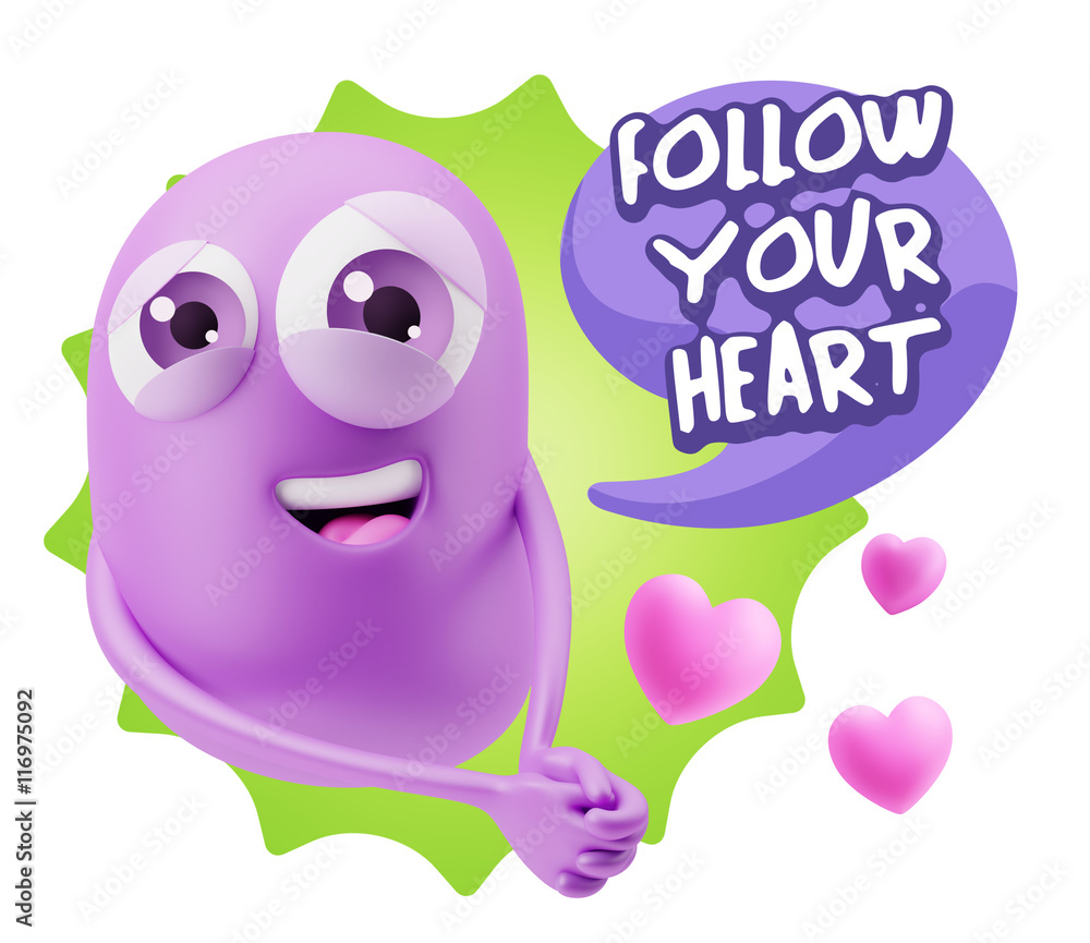 3d Rendering. Emoji in love with hearts shapes saying Follow You