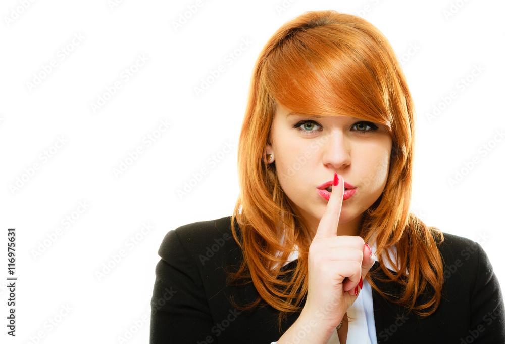 Girl with finger on lips hush hand gesture Girl with finger on lips hush hand gesture