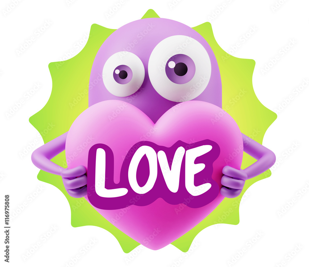 3d Rendering. Love Emoticon Face Holding Heart saying Love with 3d Rendering. Love Emoticon Face Holding Heart saying Love with