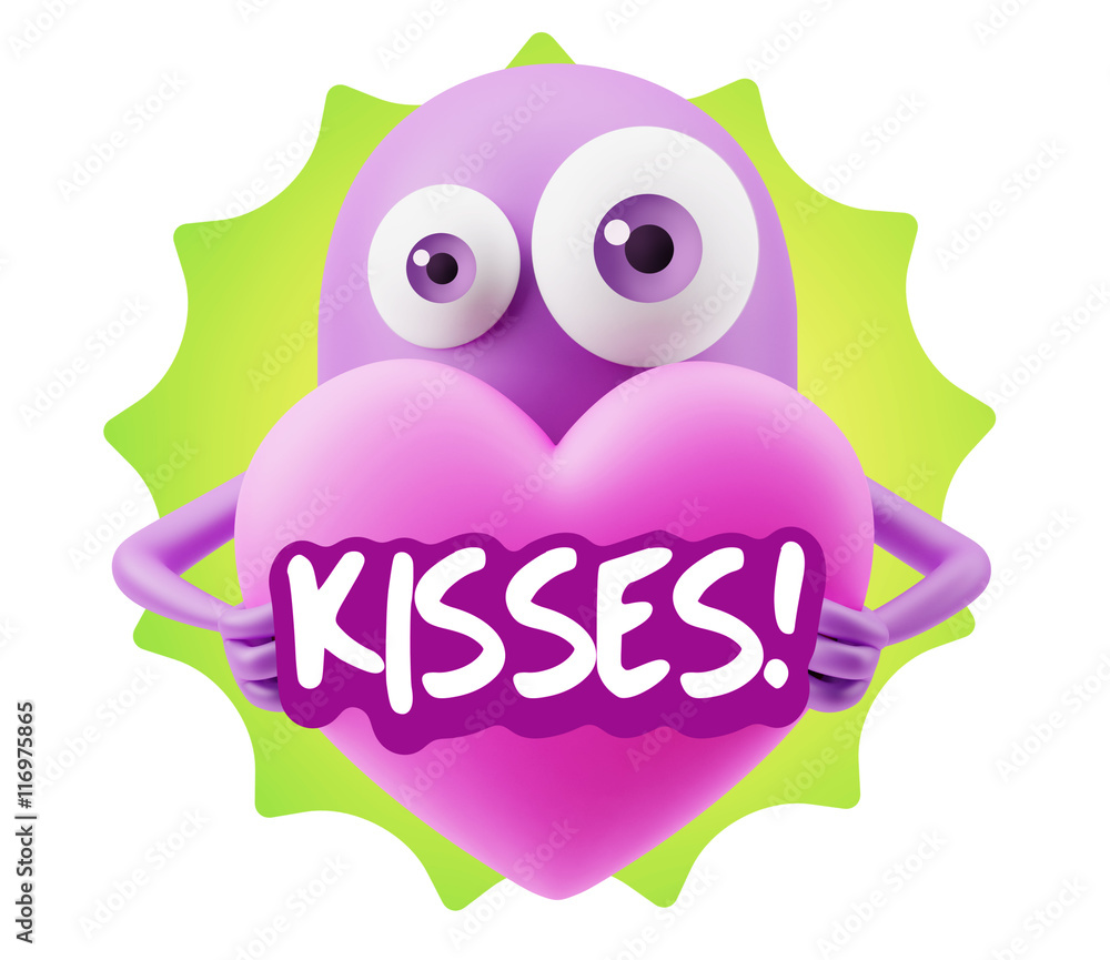 3d Rendering. Love Emoticon Face Holding Heart saying Kisses wit 3d Rendering. Love Emoticon Face Holding Heart saying Kisses wit