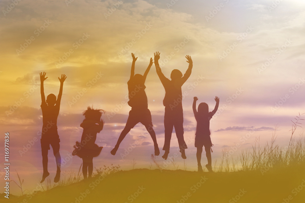 silhouette of a happy children and happy time sunset silhouette of a happy children and happy time sunset