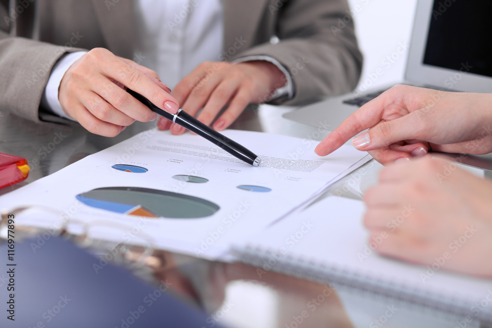 Group of business people at meeting discussing financial results. Women pointing into laptop computer monitor Group of business people at meeting discussing financial results. Women pointing into laptop computer monitor