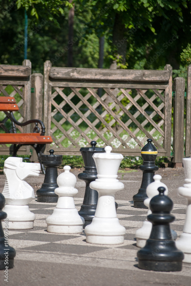 Outdoor chess board game with big chess figures in park