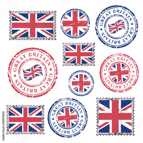 Great Britain grunge postal stamps and postmarks with British flag, set isolated on white background, vector illustration.