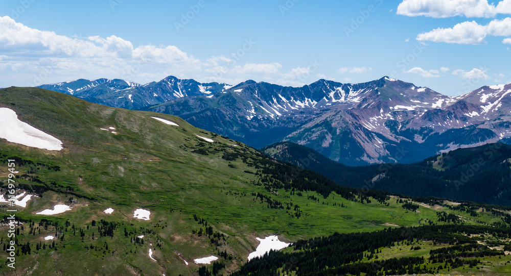 view of the mountain peaks  from the Trail Ridge Road  in the Rocky National Park
