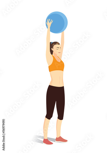 Woman workout with fitness ball in lifting over head posture. Illustration about exercise.