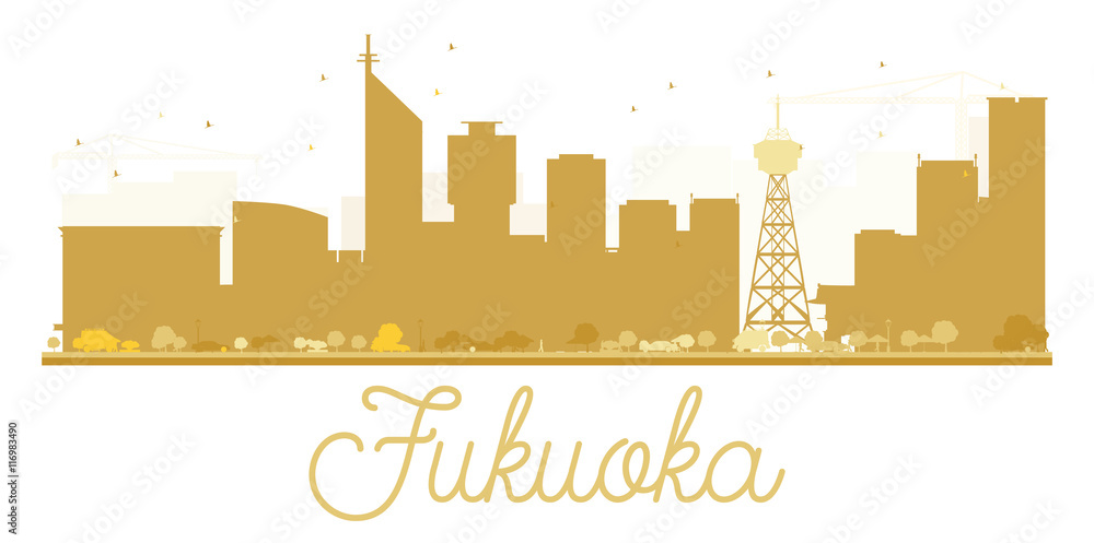 Fukuoka City skyline golden silhouette.