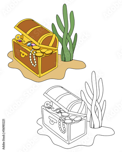 open chest with gold, gems. coloring version included. vector
