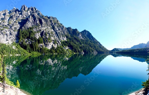Reflecition in lake. Upper Snow Lake, Enchantment Lakes basin, Leavenworth, Seattle, USA. 