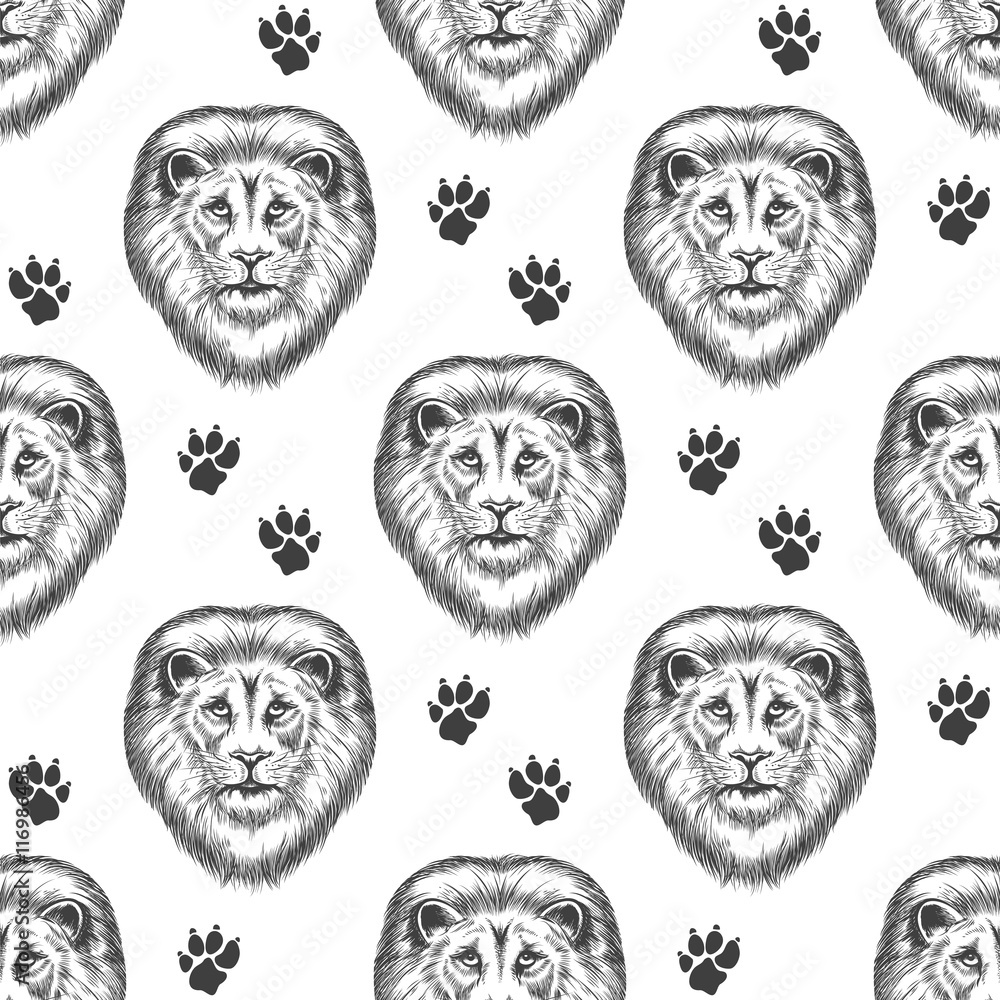 Seamless pattern with hand drawn lion head and lion footprints. Vector ...