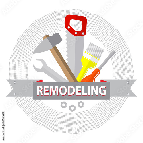 House remodel tools. Logo home repair service. House repair company logo. Flat style tools for building, remodel and repair.