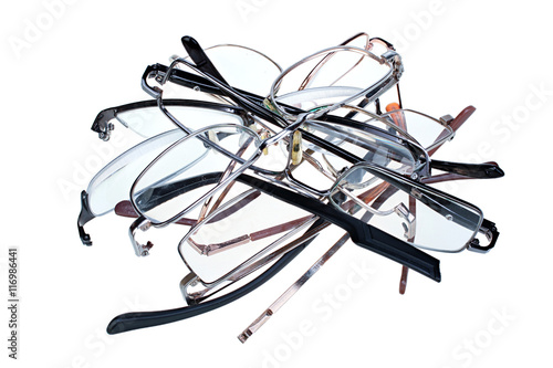 Pile of broken glasses isolated on white background