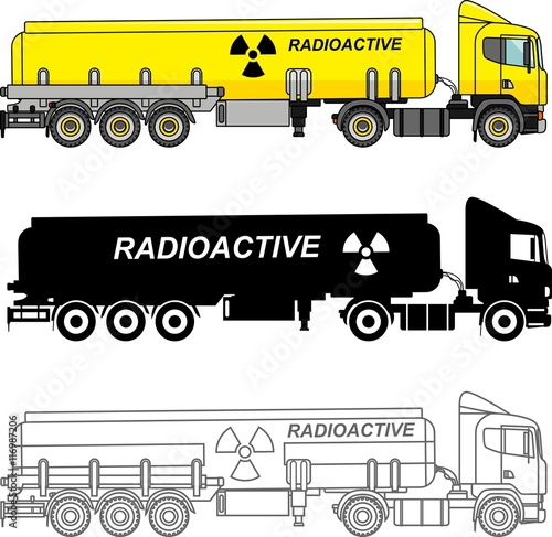 Different kind cistern trucks carrying chemical, radioactive, toxic, hazardous substances isolated on white background in flat style: colored, black silhouette and contour. Vector illustration.