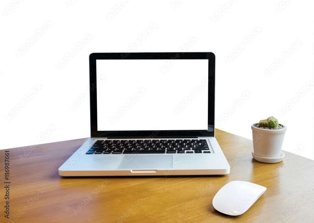 Front view of laptop on table white background. Laptop with blan Front view of laptop on table white background. Laptop with blan