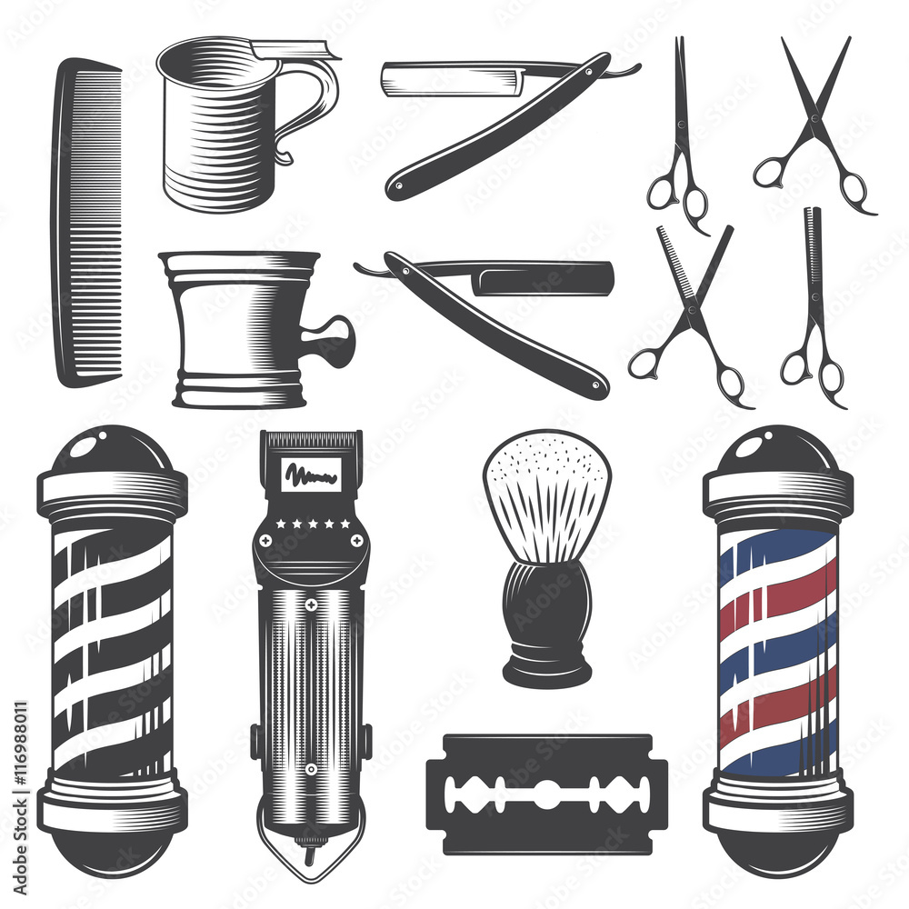 Set of vintage barber shop elements. - obrazy, fototapety, plakaty 