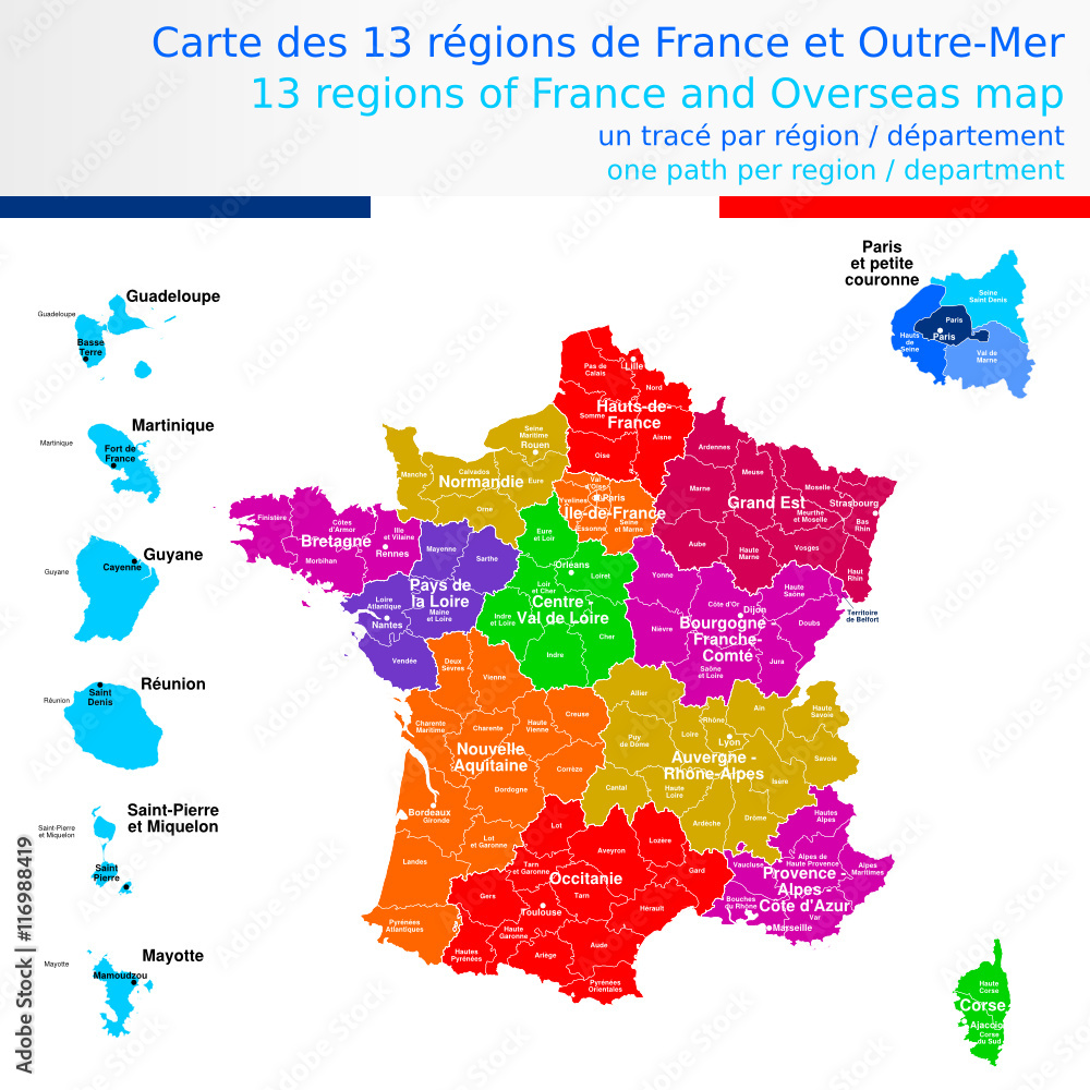Carte des 13 régions de France et outre-mer colorée avec  le nom des régions, des départements et chef lieux de région
Un tracé autonome par région / département