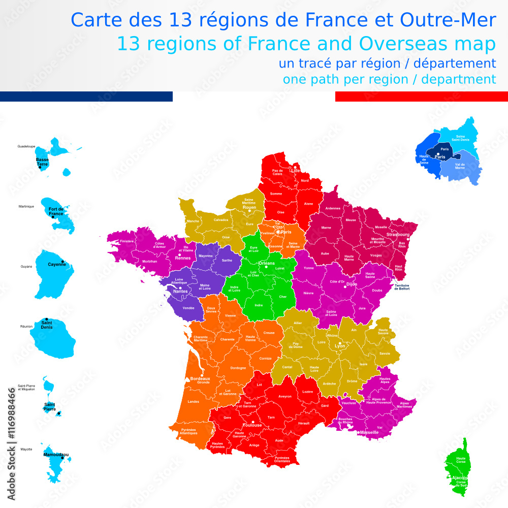 Carte des 13 régions de France et outremer colorée avec le nom des départements et chef lieux Carte des 13 régions de France et outremer colorée avec le nom des départements et chef lieux