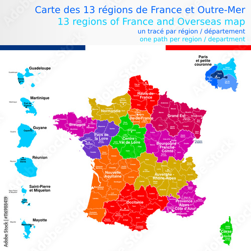 Carte des 13 régions de France et outre-mer colorée avec le nom des régions, des départements et chef lieux de région Un tracé autonome par région / département