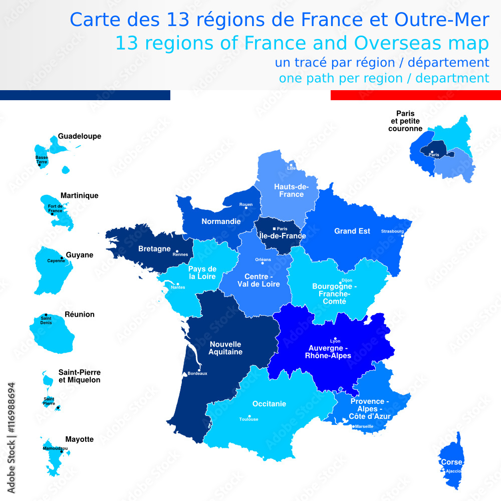 Carte des 13 régions de France et outre-mer bleueavec  le nom des régions et chef lieux de région
Un tracé autonome par région / département