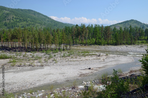 Curved riverbed of Irkut River in its beginning in the Sayan Mountains