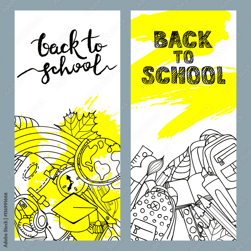 Φωτογραφία Set of back to school black and white sale banners with school supplies and calligraphy lettering