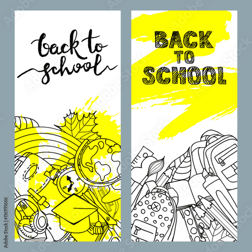 Set of back to school black and white sale banners with school supplies and calligraphy lettering. Vector doodle outline school and education illustrations. Yellow watercolor stains background.