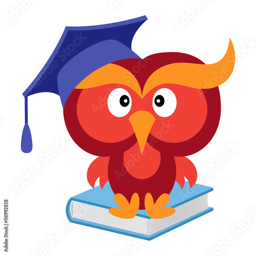 Big funny wise owl sitting on the blue book