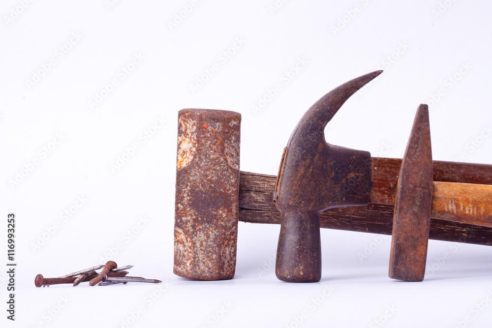 old Traditional curved claw hammer and Tack hammer and Sledge hammer used on white background tool isolated
old Traditional curved claw hammer and Tack hammer and Sledge hammer used on white background tool isolated