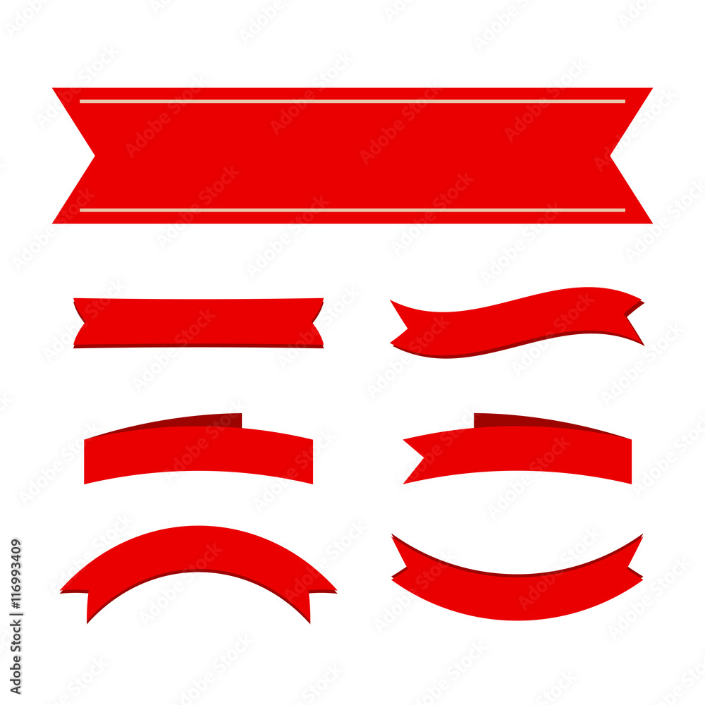 Red ribbon banners set. Beautiful blank for decoration graphic. Old vintage style Flat design. Premium decorative elements isolated on white background. Template collection labels Vector illustration Red ribbon banners set. Beautiful blank for decoration graphic. Old vintage style Flat design. Premium decorative elements isolated on white background. Template collection labels Vector illustration