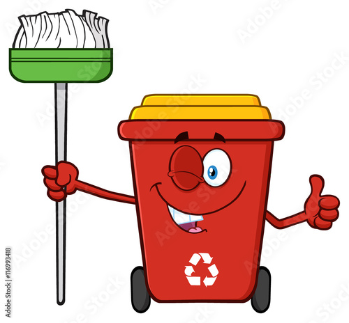 Winking Red Recycle Bin Cartoon Mascot Character Holding A Broom And Giving A Thumb Up