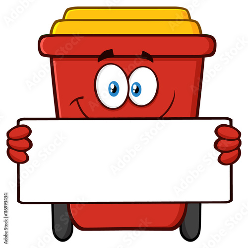 Smiling Red Recycle Bin Cartoon Mascot Character Holding A Blank Sign