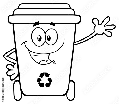 Black And White Happy Recycle Bin Cartoon Mascot Character Waving For Greeting