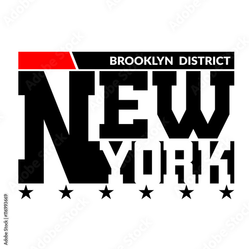 T shirt typography graphics New York. Athletic style NYC. Fashion stylish print for sports wear. Black white red emblem. Template for apparel, card, label, poster. Symbol big city. Vector illustration