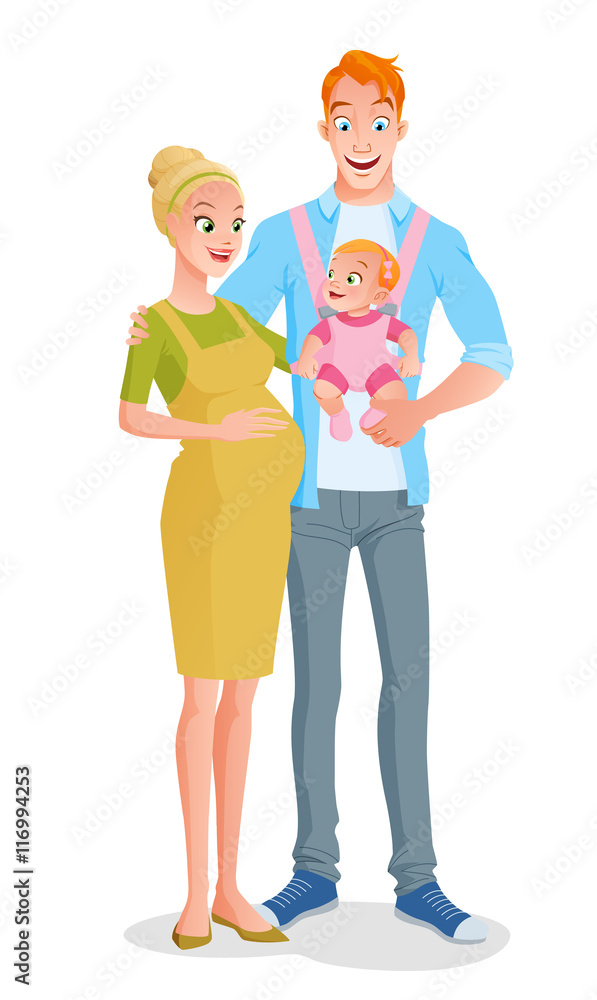 Smiling cartoon family with a baby girl in carrier and expecting another child. Vector illustration isolated on white background. Smiling cartoon family with a baby girl in carrier and expecting another child. Vector illustration isolated on white background.