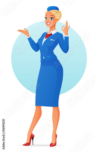 Beautiful smiling flight attendant in uniform presenting and showing ok sign gesture. Vector illustration isolated on white background.