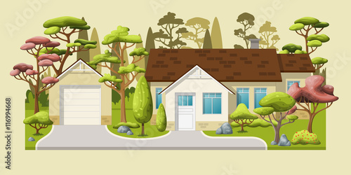 Illustration of a classic family house with trees