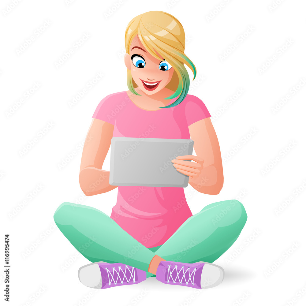 Cute young teen girl communicating with tablet computer. Cartoon vector illustration isolated on white background. Cute young teen girl communicating with tablet computer. Cartoon vector illustration isolated on white background.