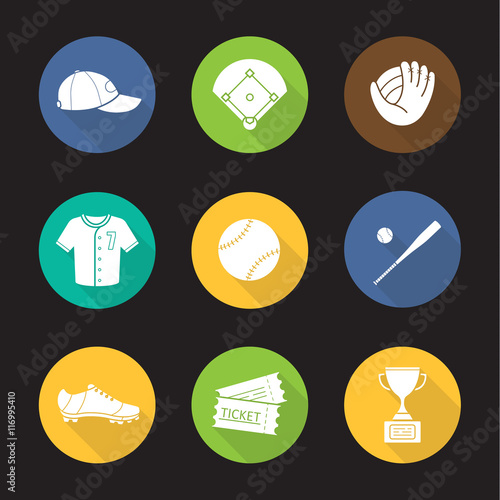 Baseball flat design long shadow icons set