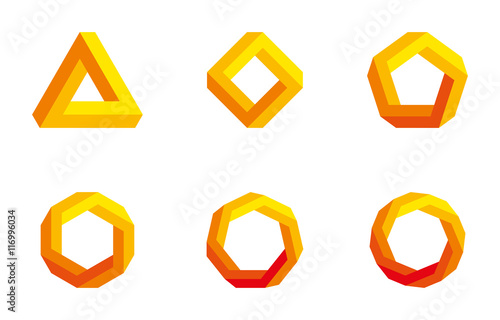 Penrose triangle and polygons in yellow and orange colors. Penrose tribar, an impossible object, appears to be a solid object. Further square, pentagon, hexagon, heptagon and octagon. Illustration. photo