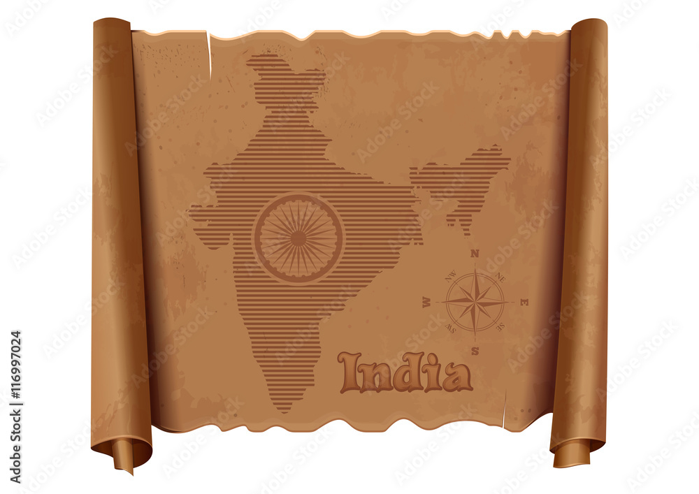 Vintage map of India on an old dilapidated parchment. Wheel with 24 ...