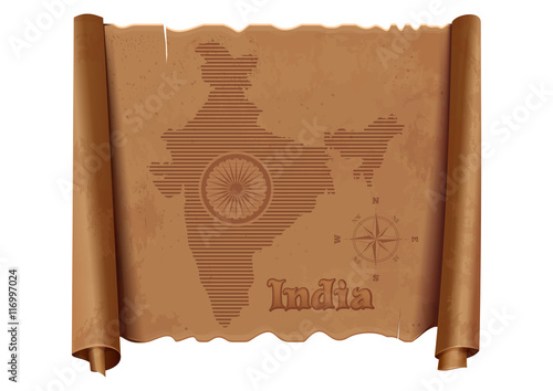 Vintage map of India on an old dilapidated parchment. Wheel with 24 spokes - India symbol, stylized map of India and wind rose. Vector illustration isolated on white background