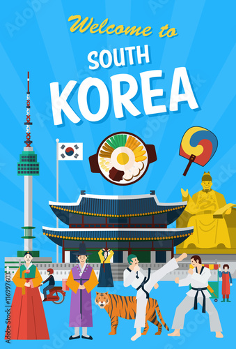 Flat design, Illustration of South Korean landmarks and icons