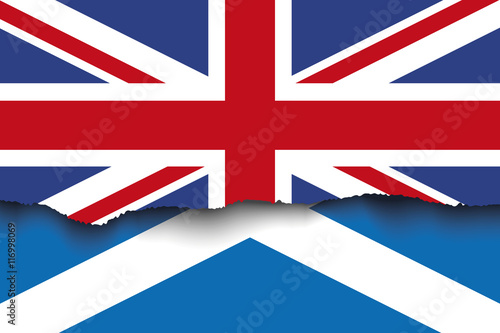 Torn flag of UK over flag of Scotland, Brexit vector illustration photo