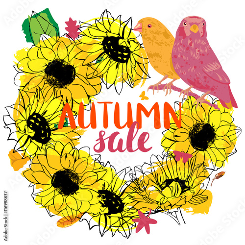 Vector Autumn Sale wreath with sunflowers, birds, and butterflie