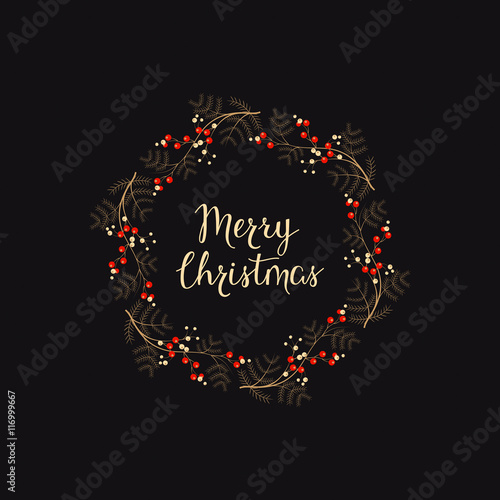 vector holiday background with hand drawn words merry christmas in a wreath with berries