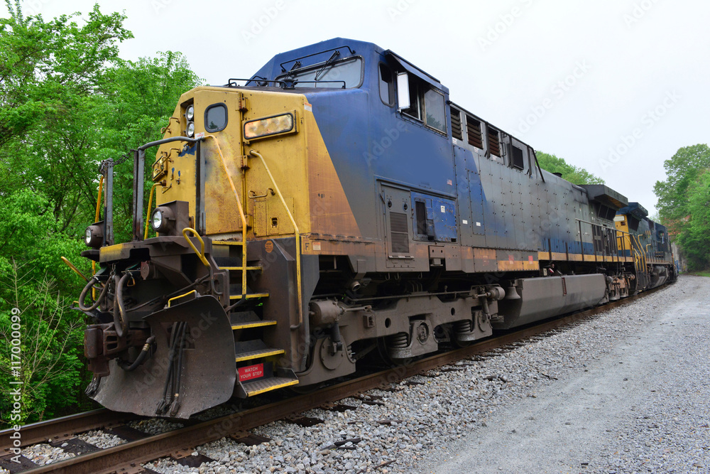 An Americam Diesel locomotive freight train waiting at a signal stop before it moves off.