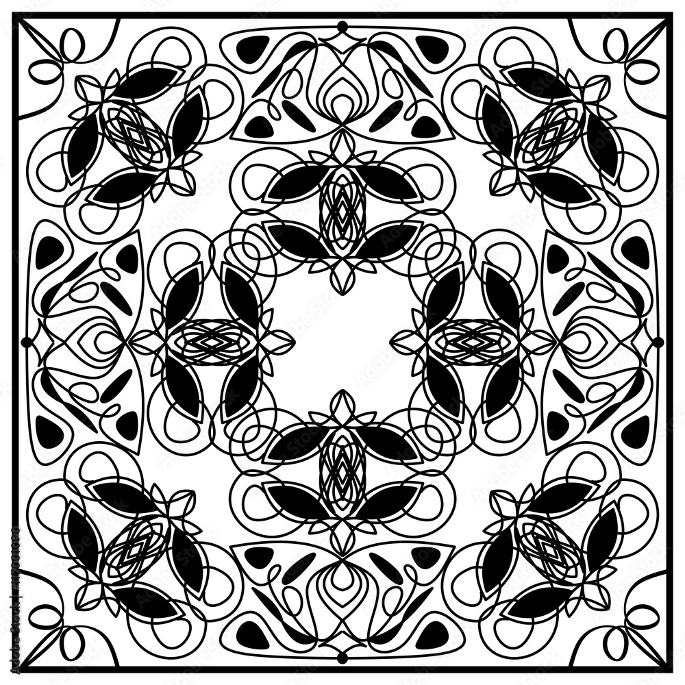 Black and white vintage tile with geometric even distributed ornament