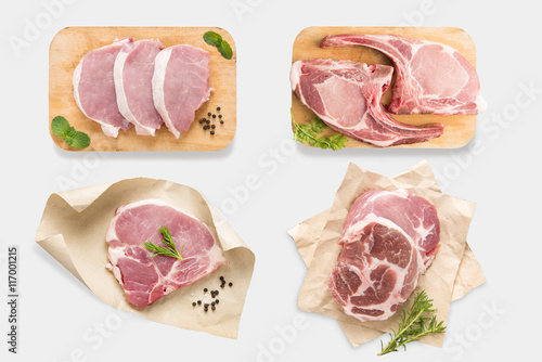 Top view of mockup raw pork chop steak set isolated on white bac